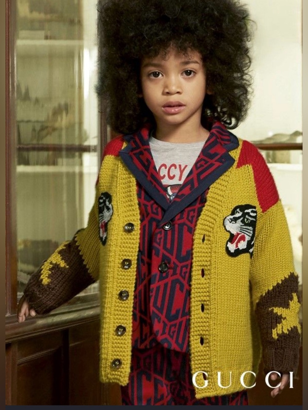 Gucci Kids Panther Patch Chunky Knit Colorblock Cardigan Sweater Size 6 RRP1200$